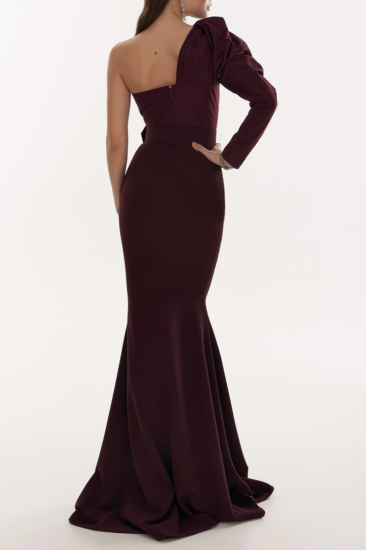 Thalia Crepe Taffeta Long Dress In Wine