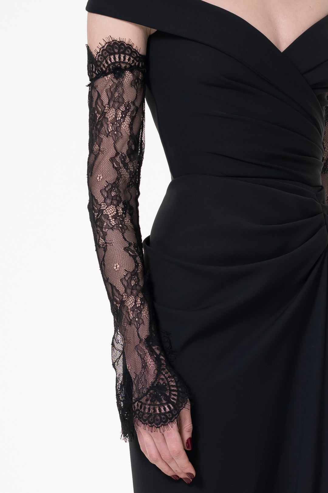 Embroidered Long Lace Gloves In Black