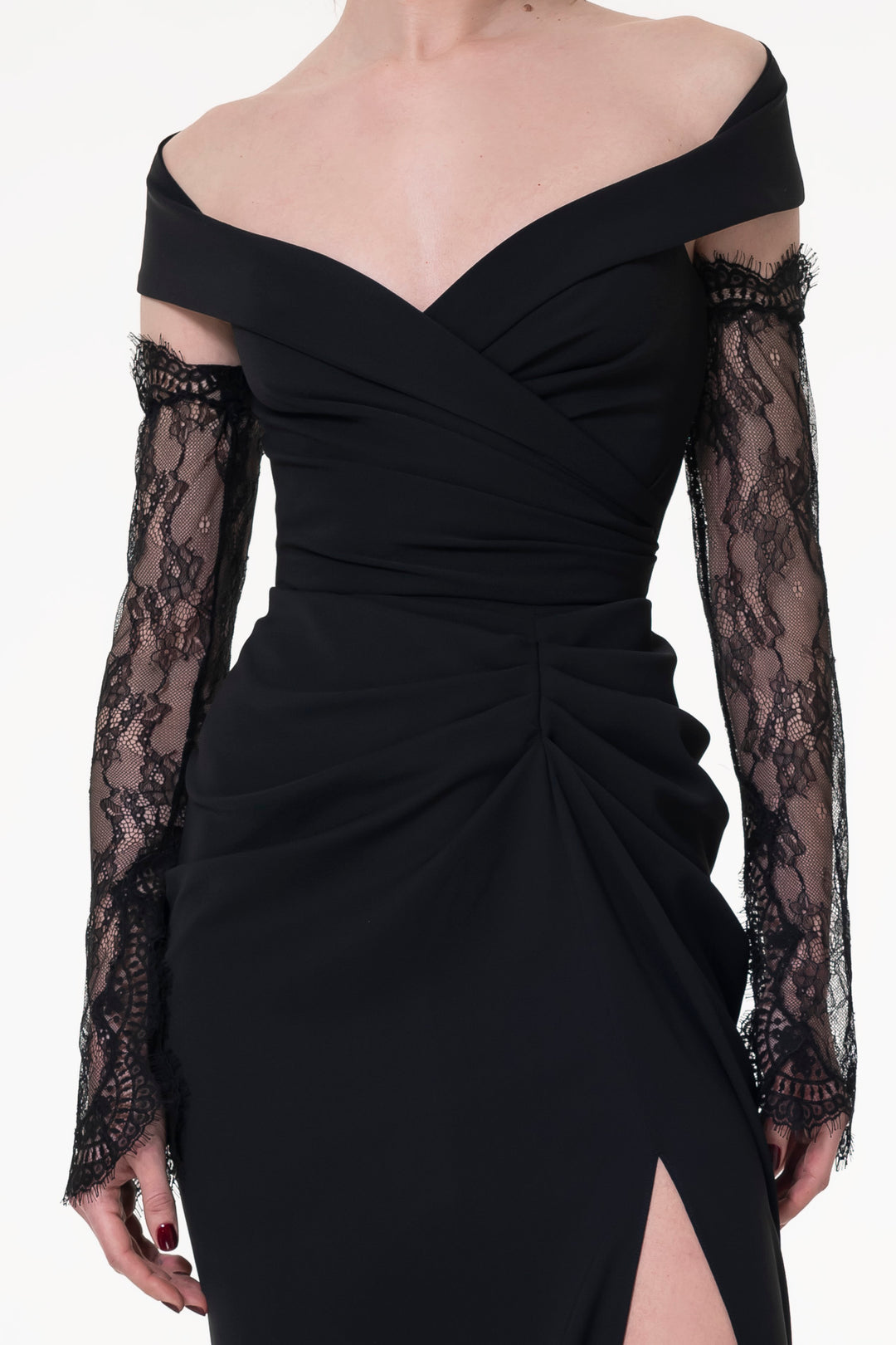 Embroidered Long Lace Gloves In Black