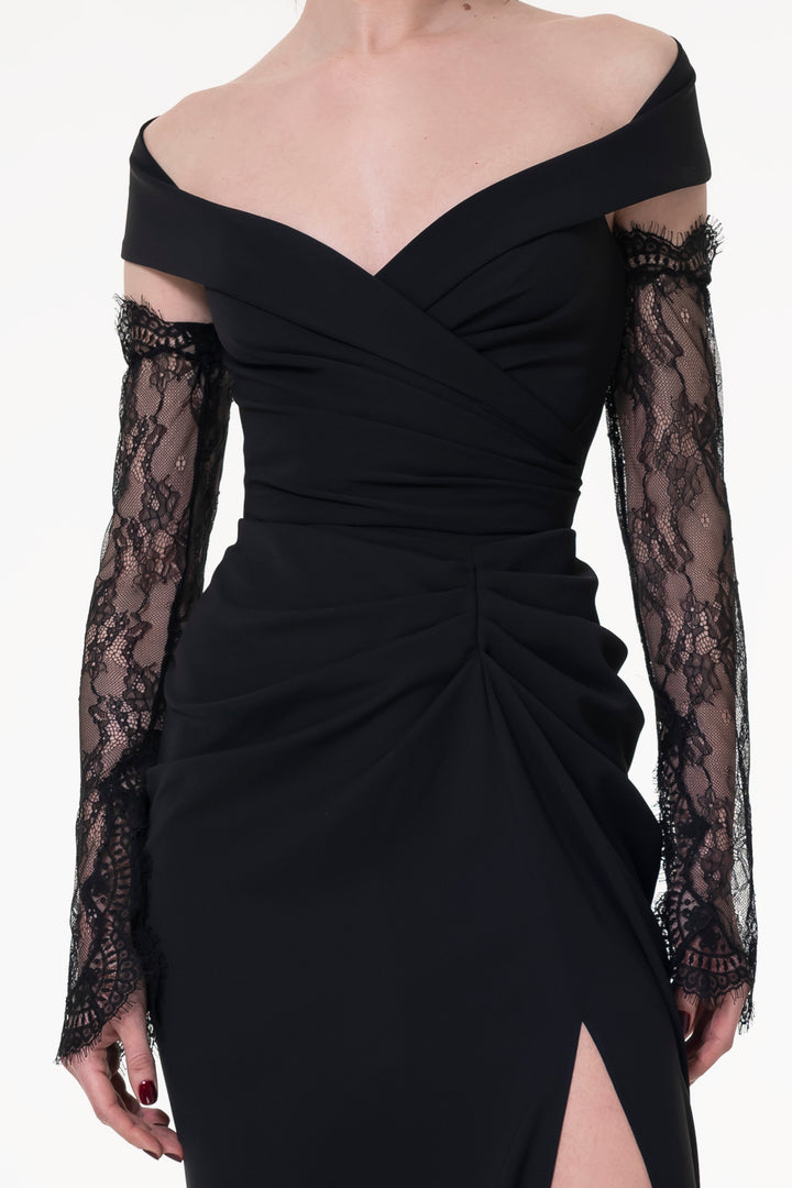 Embroidered Long Lace Gloves In Black
