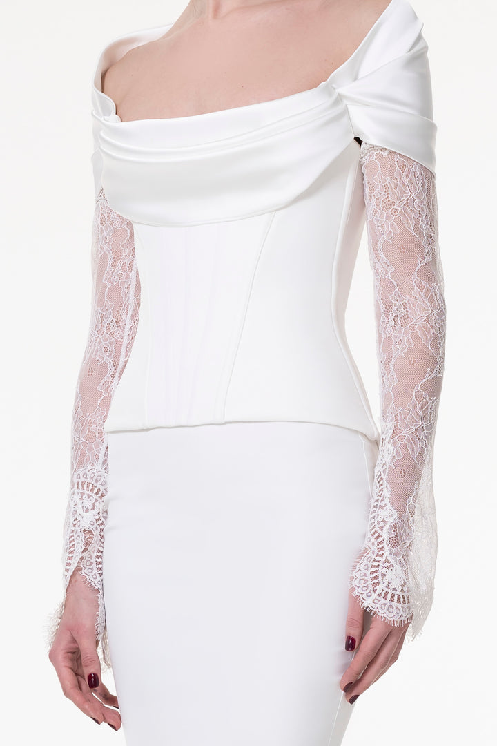 Embroidered Long Lace Gloves In Ivory
