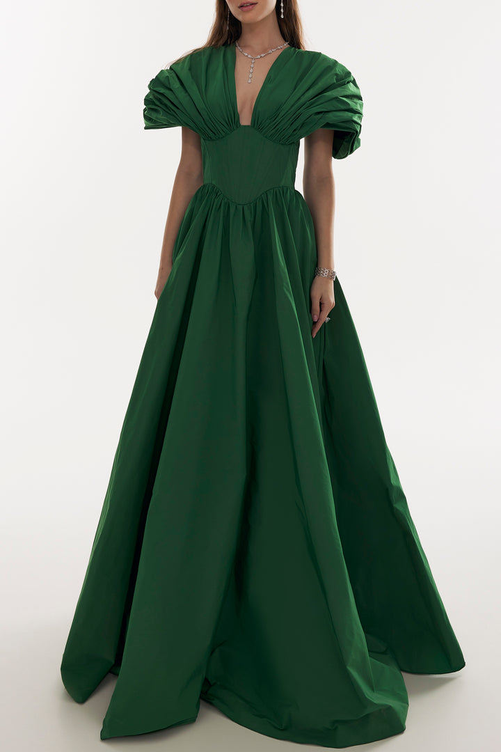 Ezra Taffeta Long Dress In Dark-Green