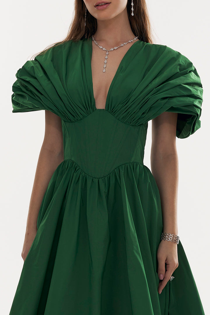 Ezra Taffeta Long Dress In Dark-Green