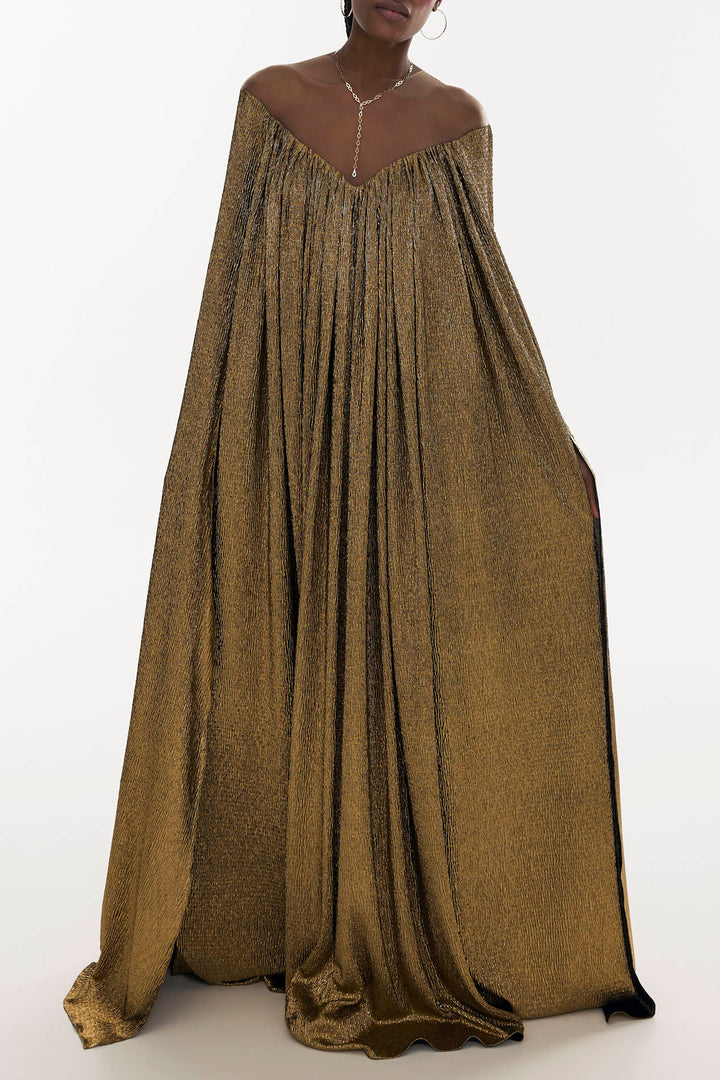 Iman Metallic Crepe Cape Dress In Gold
