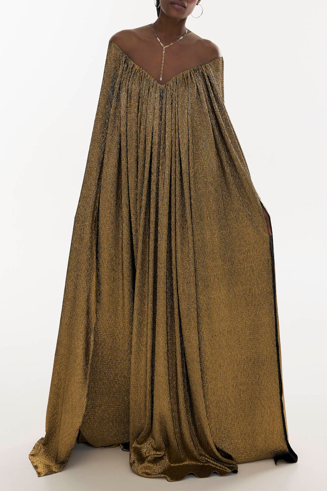 Iman Metallic Crepe Cape Dress In Gold