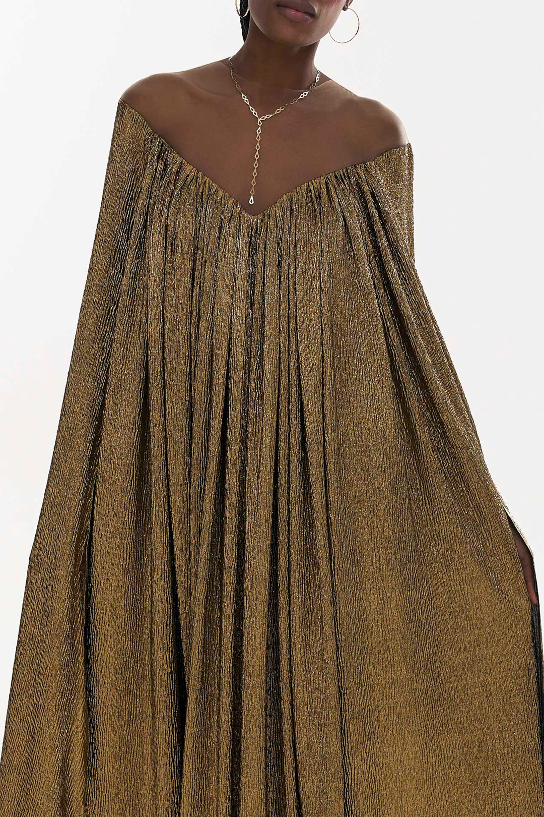 Iman Metallic Crepe Cape Dress In Gold