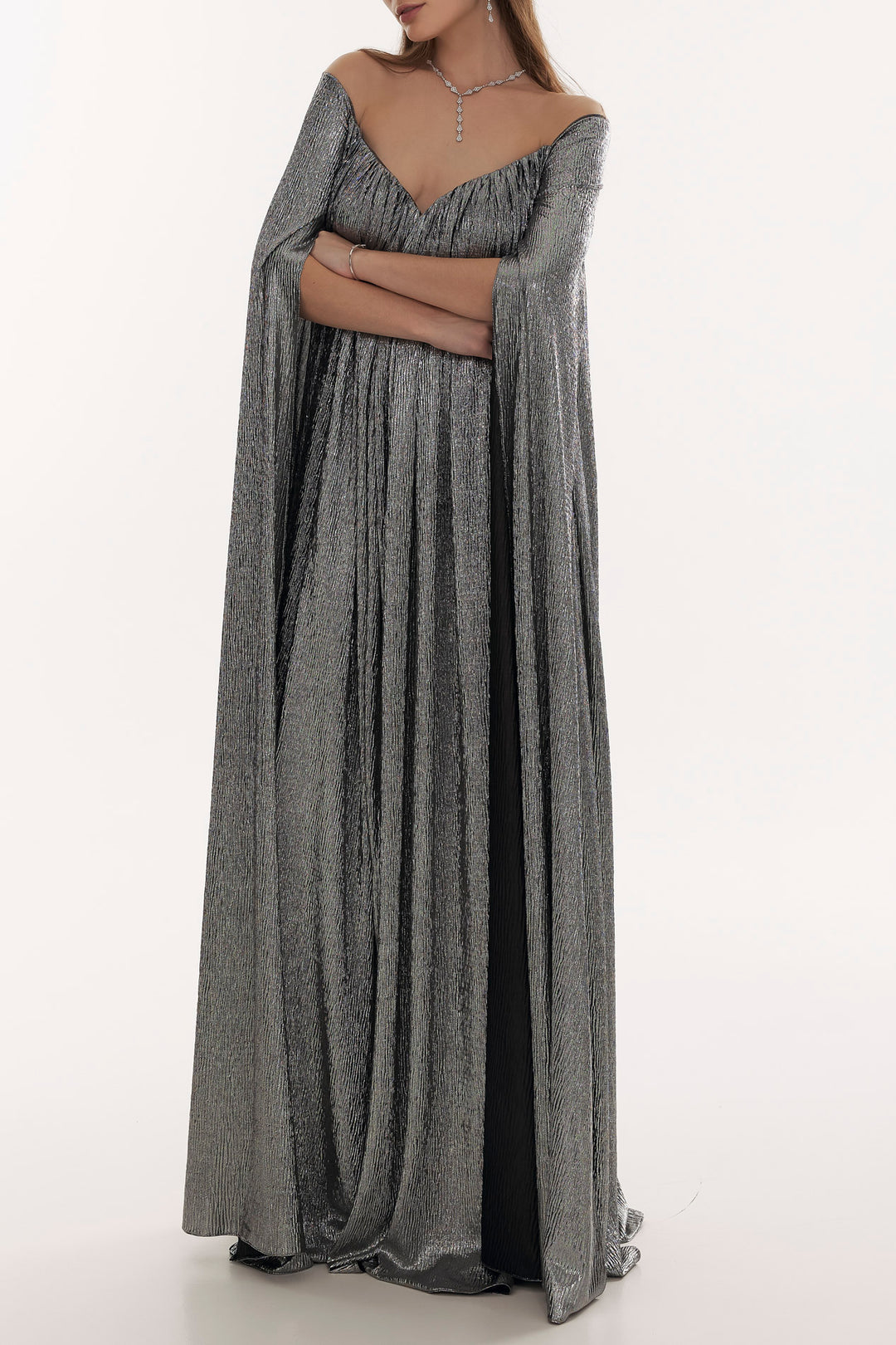 Iman Metallic Crepe Cape Dress In Platinium