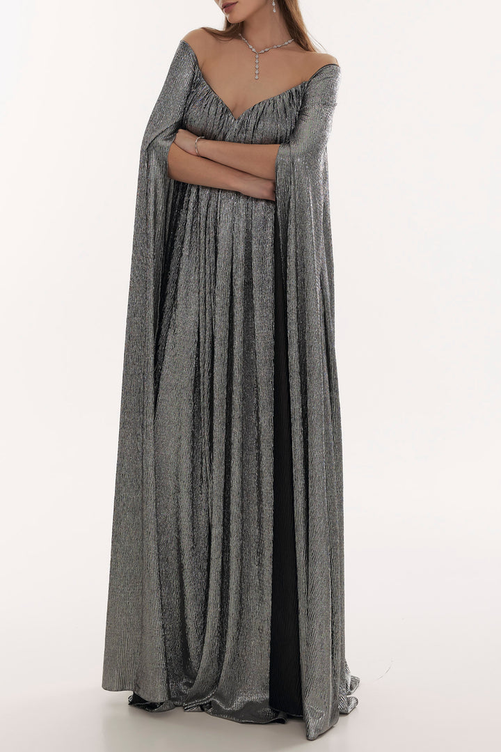 Iman Metallic Crepe Cape Dress In Platinium
