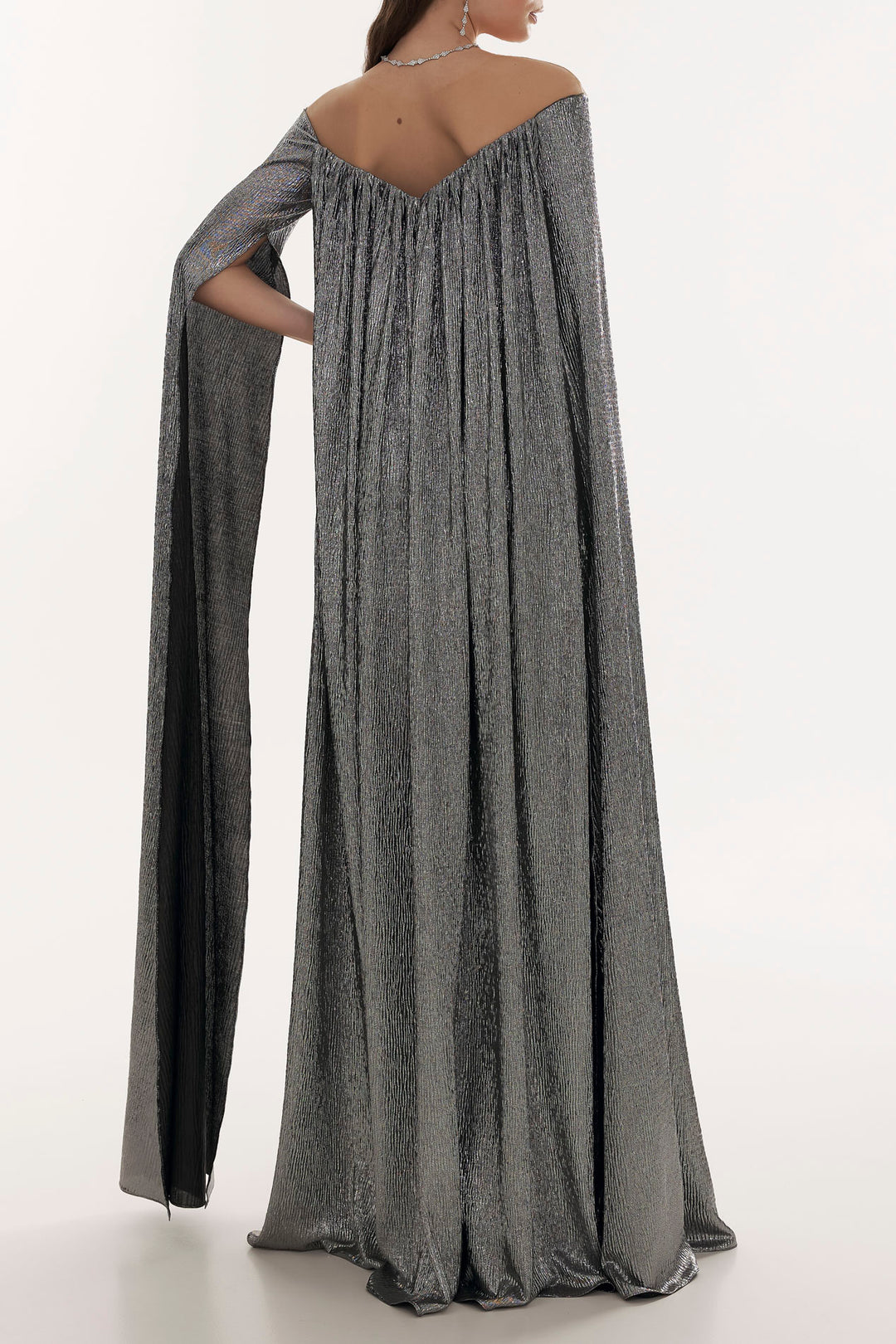 Iman Metallic Crepe Cape Dress In Platinium