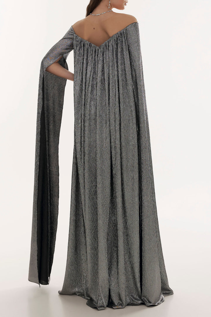 Iman Metallic Crepe Cape Dress In Platinium
