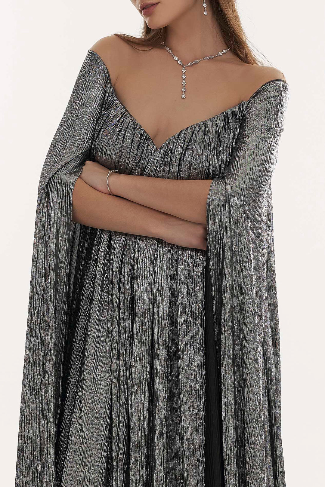 Iman Metallic Crepe Cape Dress In Platinium