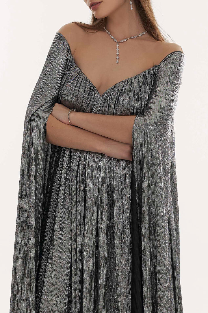Iman Metallic Crepe Cape Dress In Platinium