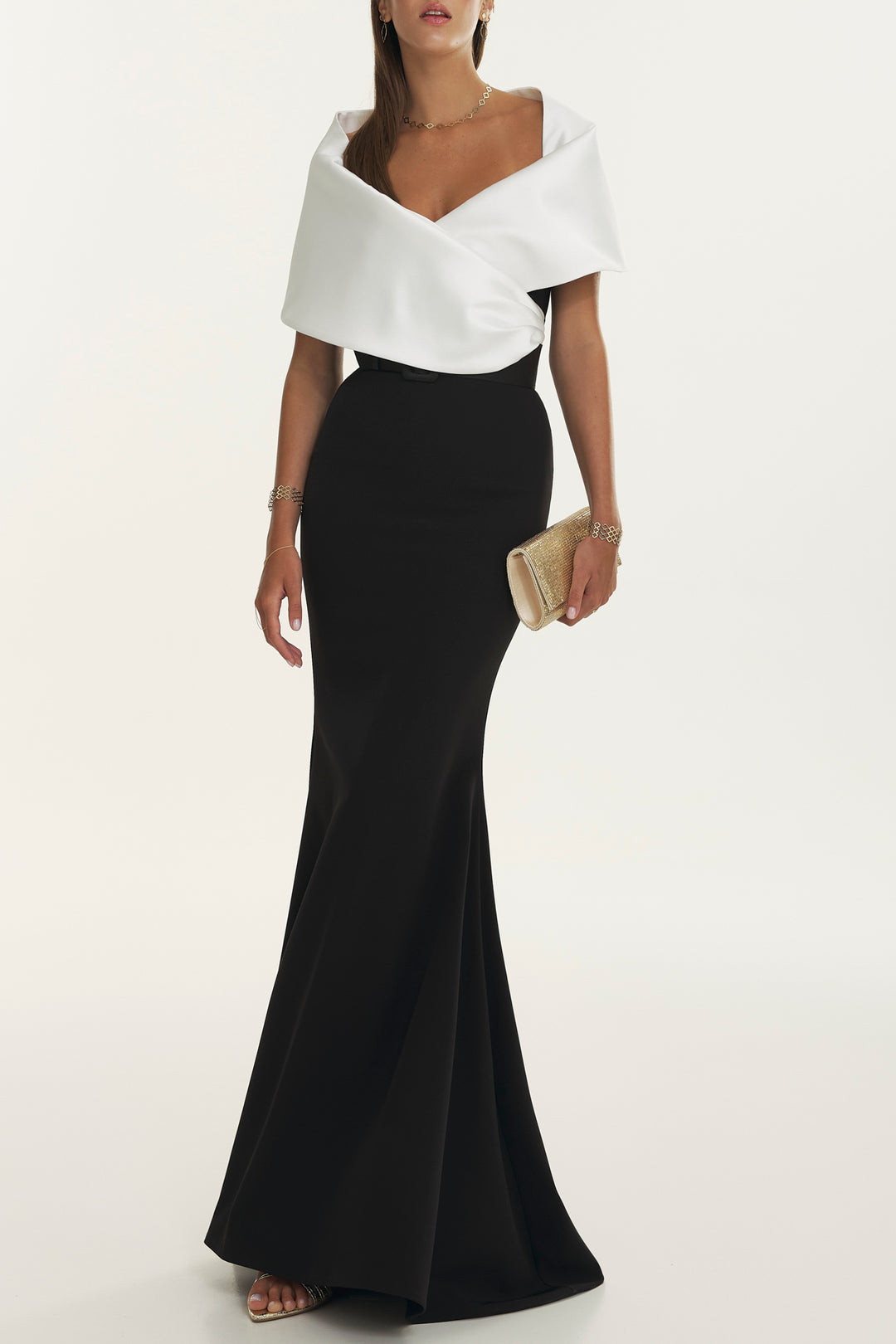 Kavya Mikado Crepe Long Dress In Black-White