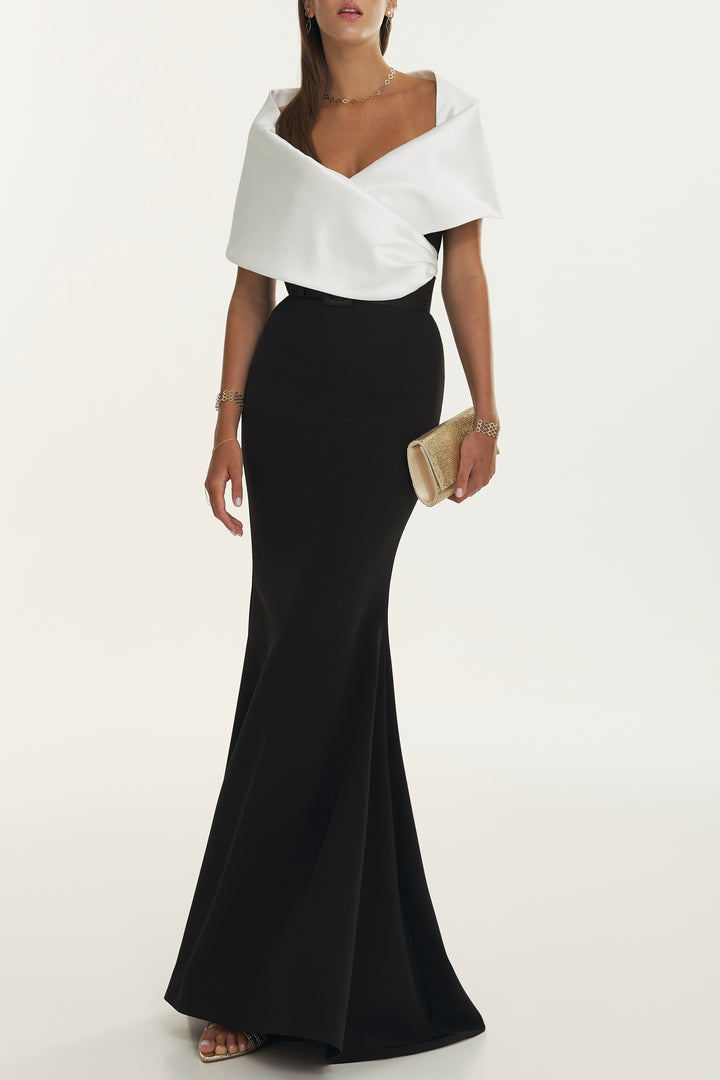 Kavya Mikado Crepe Long Dress In Black-White