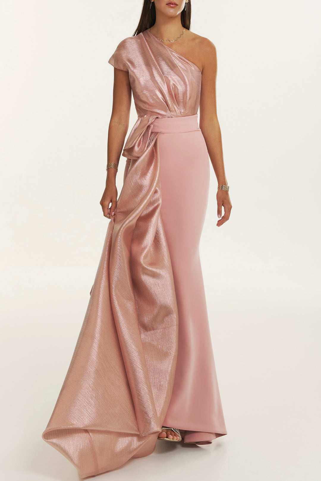 Thalia Crepe Gown With Metallic Sheen In Rose-Gold