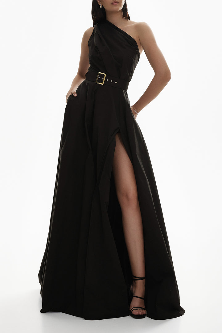 Leen Black Asymmetrical Taffeta Gown