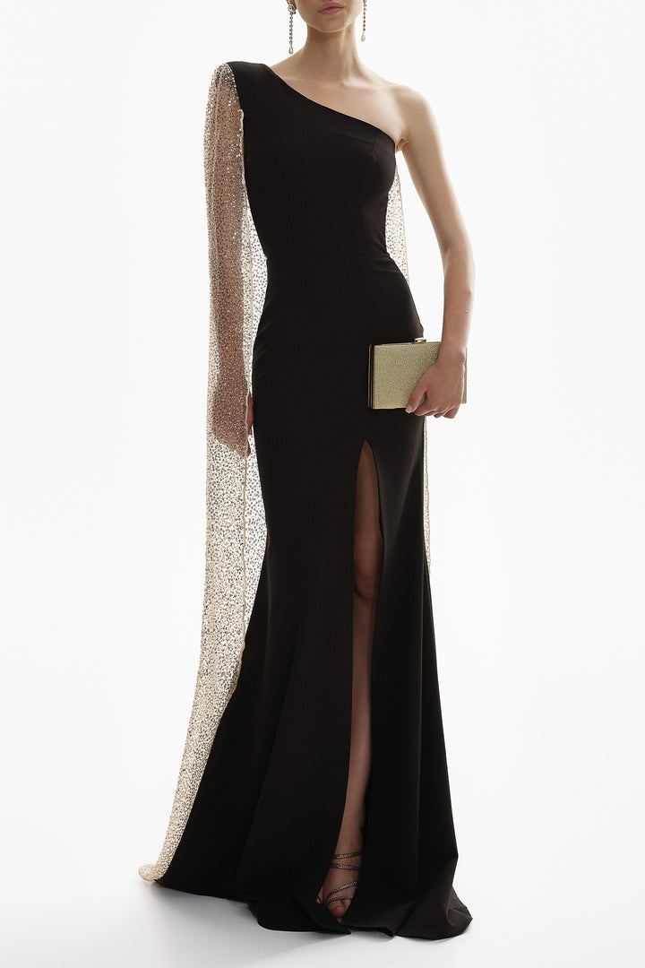 Rani One Shoulder Embroidered Cape Gown In Black Rose-Gold