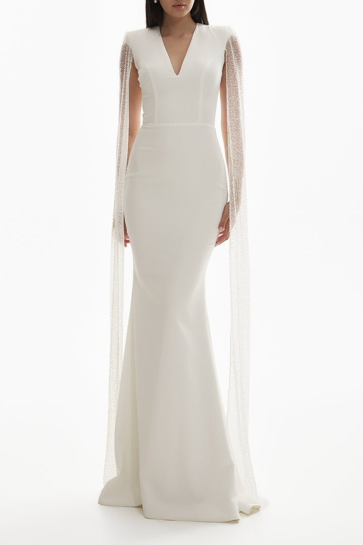Myra Sequined Cape-Gown In Off-White