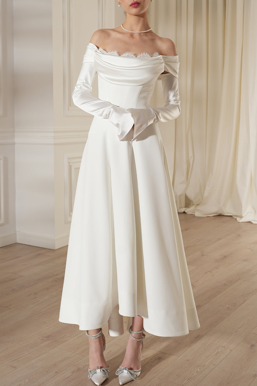 Salma Midi Lace And Crepe Dress In Off-White – Rhea Costa
