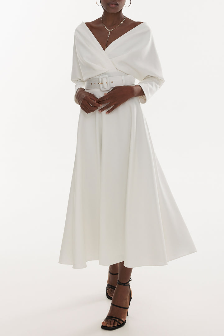 Reese Crepe Midi Dress in Ivory