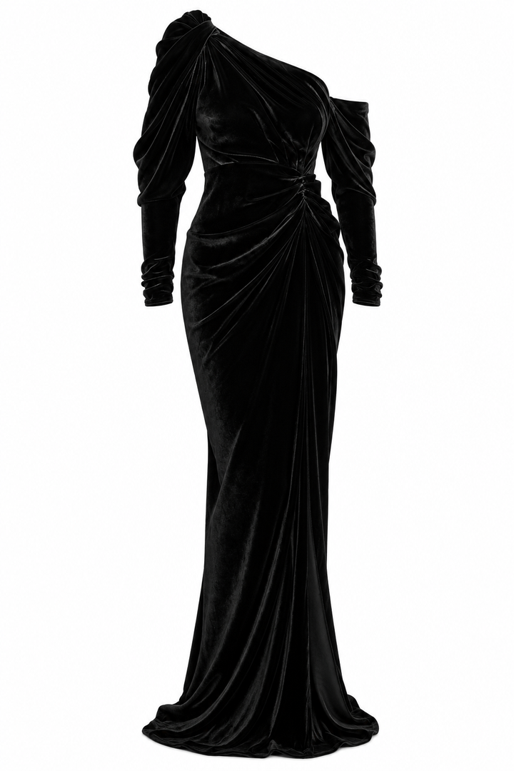 Zeina Long Velvet Gown in Black