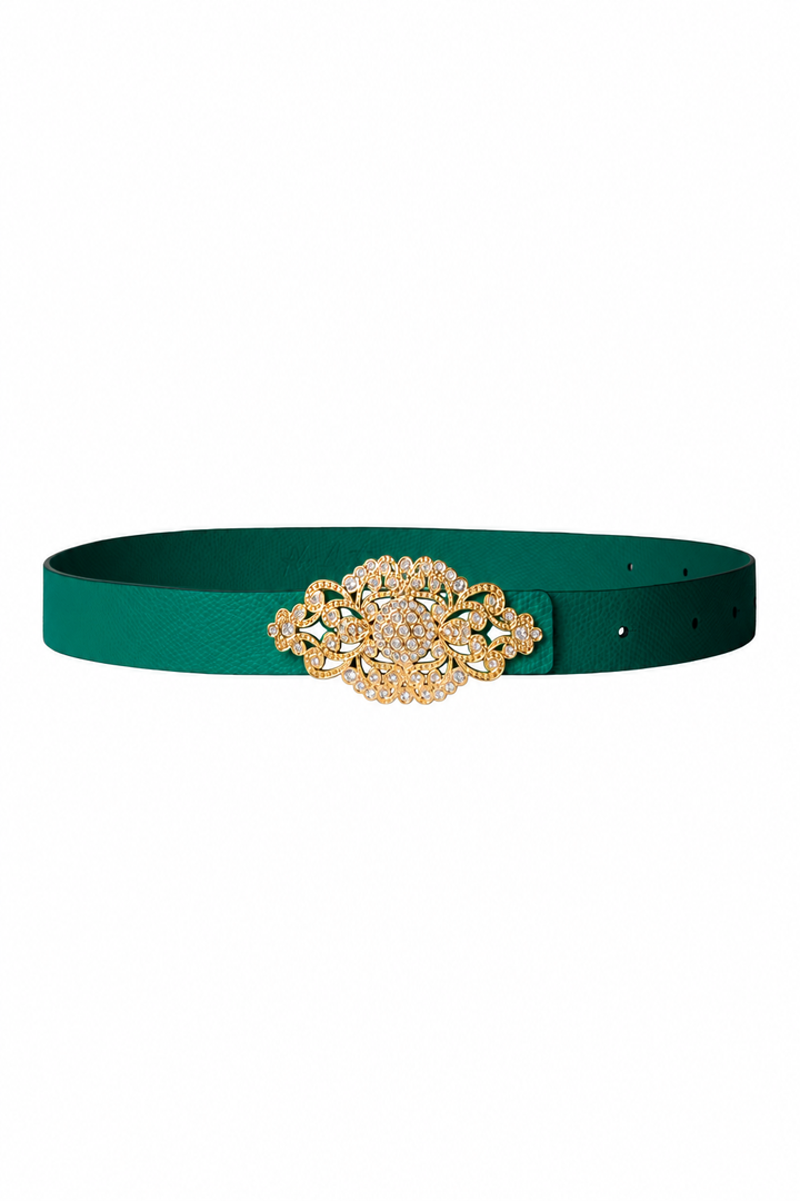 Baroque Emerald Leather Waist Belt With Gold Buckle