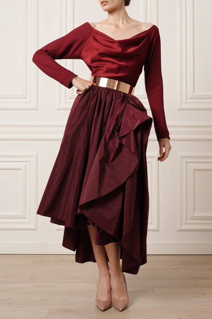 Elias Taffeta Midi Skirt In Burgundy