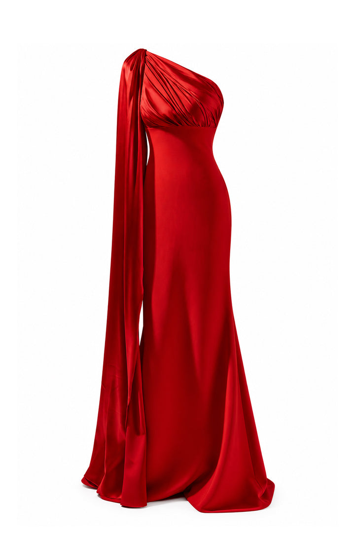 Saira Silk Cape Long Dress In True-Red