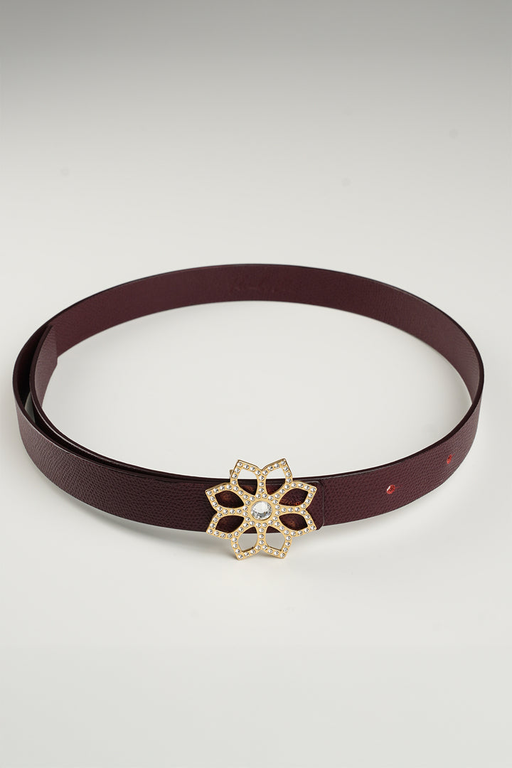 Lotus Leather Waist Belt In Burgundy With Gold Buckle