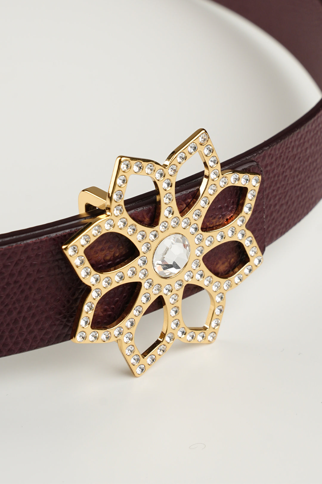 Lotus Leather Waist Belt In Burgundy With Gold Buckle