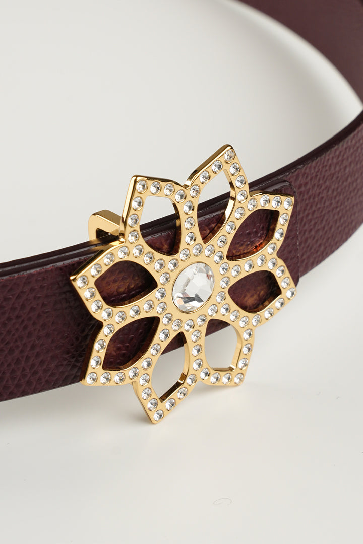 Lotus Leather Waist Belt In Burgundy With Gold Buckle