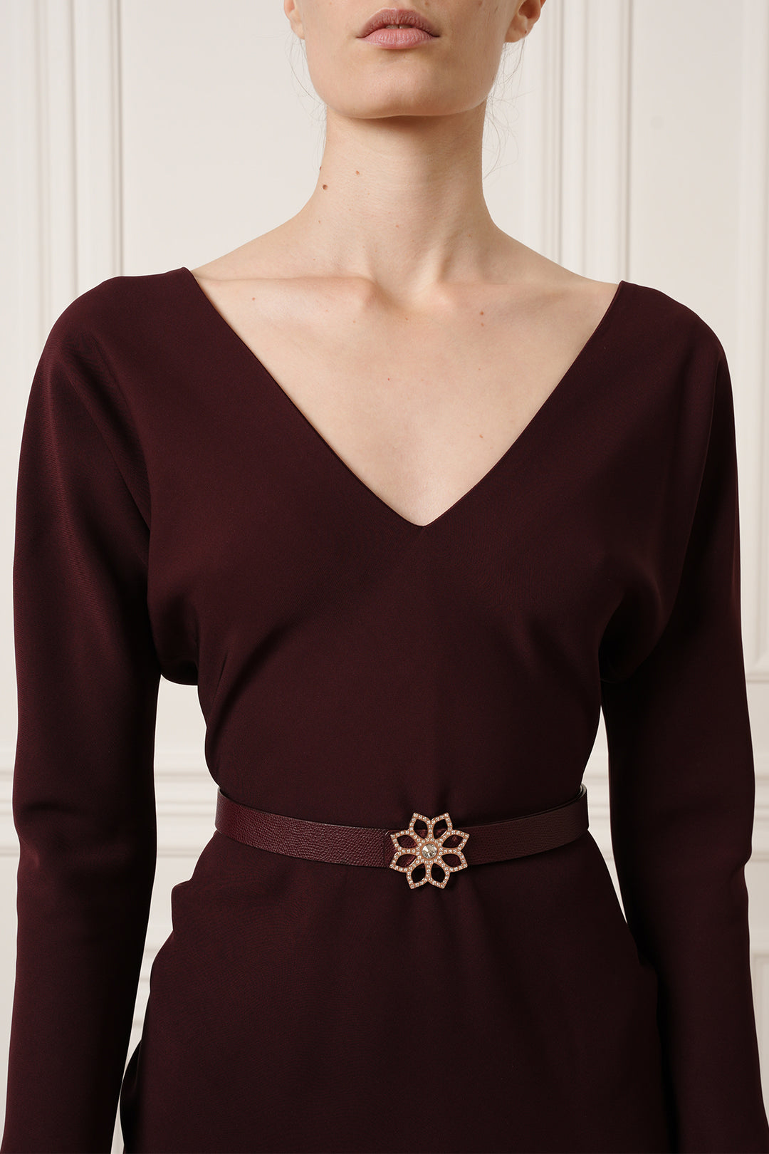 Lotus Leather Waist Belt In Burgundy With Gold Buckle