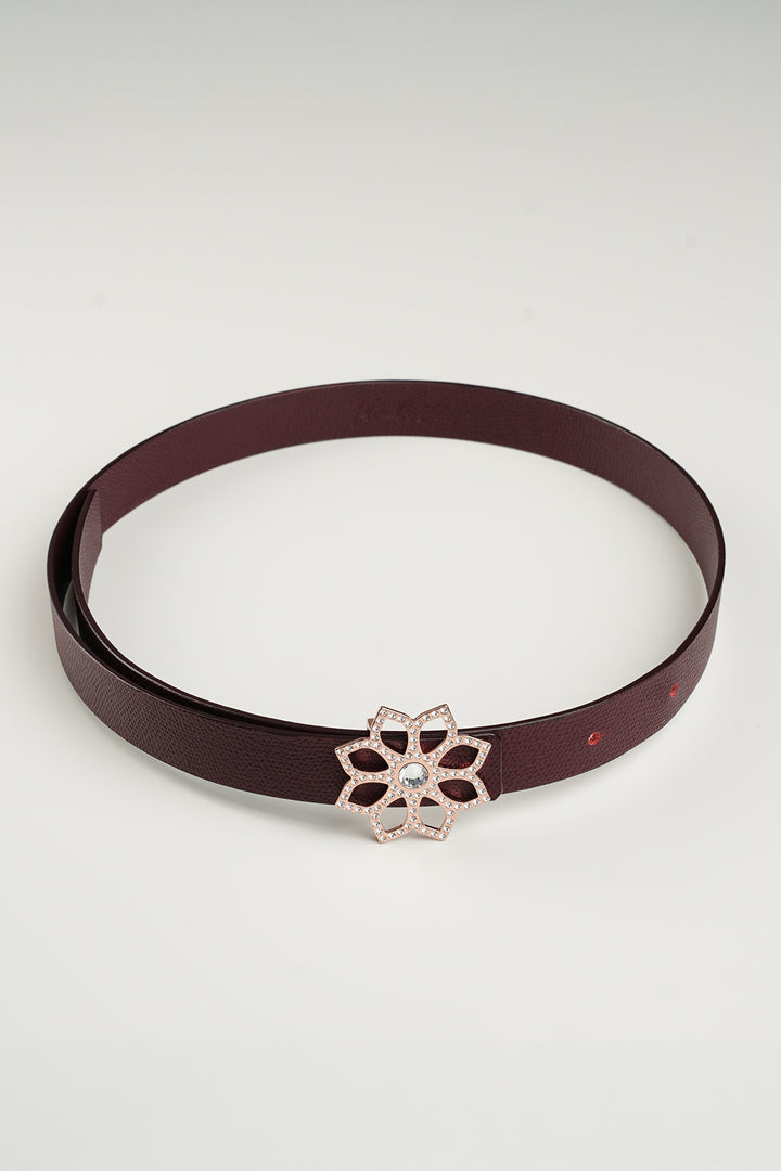 Lotus Leather Waist Belt In Burgundy With Rose-Gold Buckle