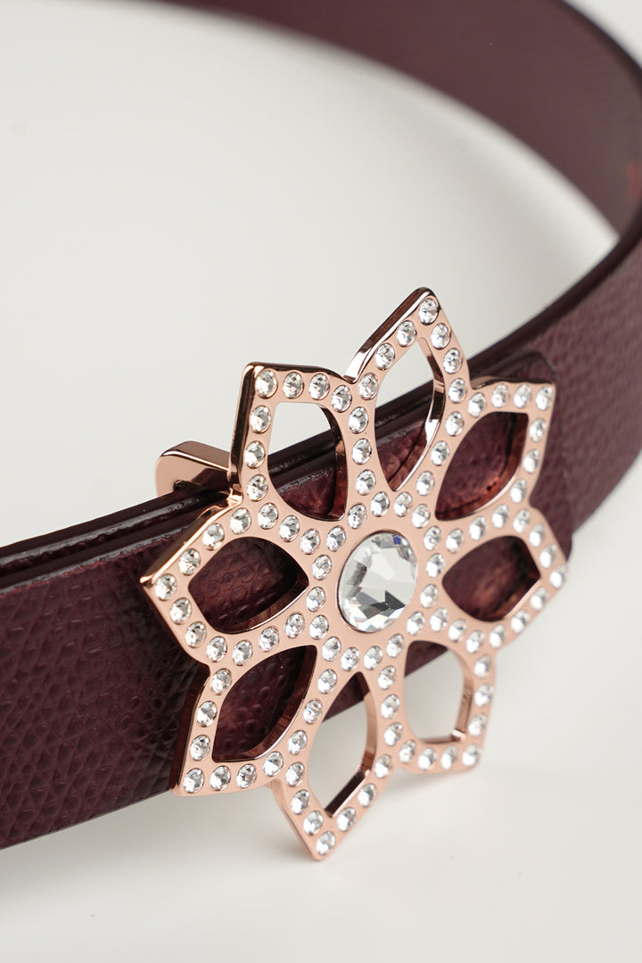 Lotus Leather Waist Belt In Burgundy With Rose-Gold Buckle