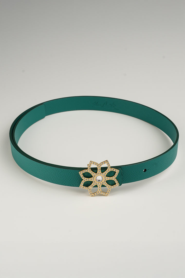 Lotus Leather Waist Belt In Emerald With Gold Buckle