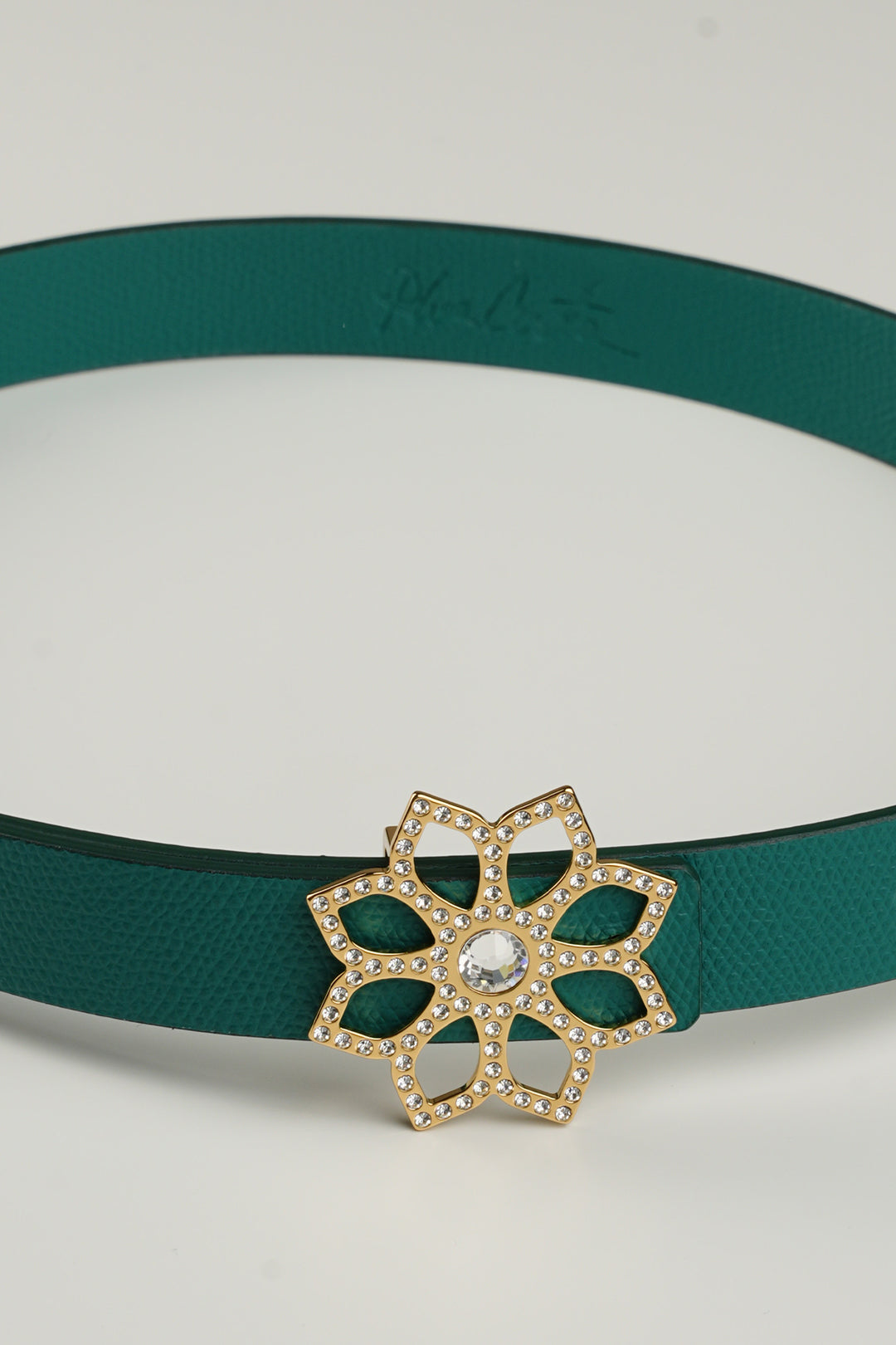 Lotus Leather Waist Belt In Emerald With Gold Buckle