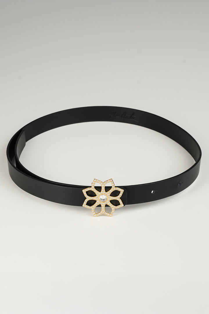 Lotus Leather Waist Belt In Matte Black With Gold Buckle