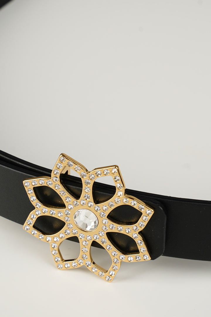 Lotus Leather Waist Belt In Matte Black With Gold Buckle