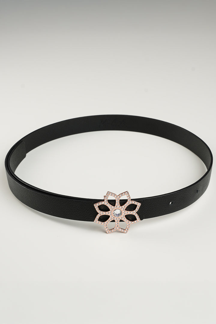 Lotus Leather Waist Belt In Saffiano Black With Rose-Gold Buckle