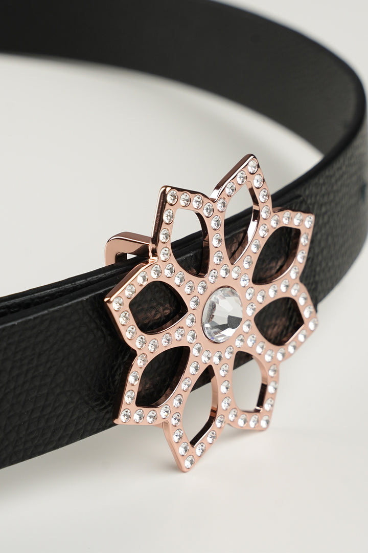 Lotus Leather Waist Belt In Saffiano Black With Rose-Gold Buckle