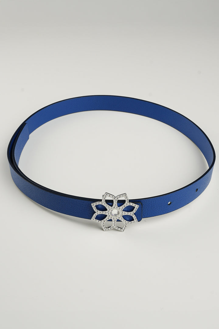 Lotus Leather Waist Belt In Sapphire With Silver Buckle