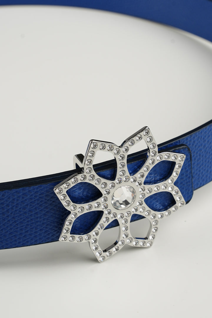 Lotus Leather Waist Belt In Sapphire With Silver Buckle