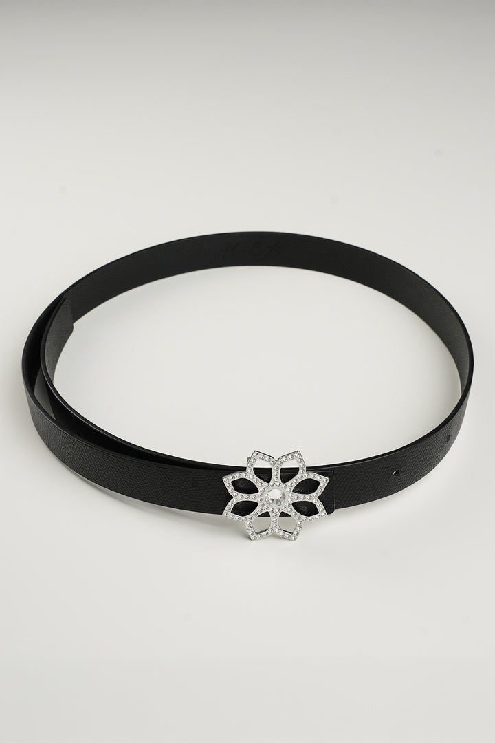 Lotus Leather Waist Belt In Saffiano Black With Silver Buckle