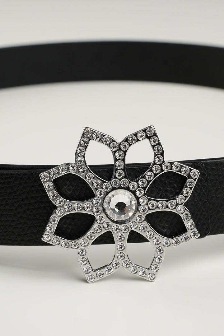 Lotus Leather Waist Belt In Saffiano Black With Silver Buckle