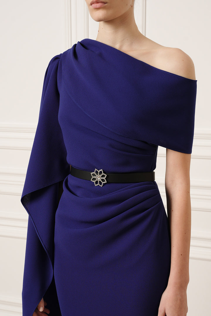 Lotus Leather Waist Belt In Saffiano Black With Silver Buckle