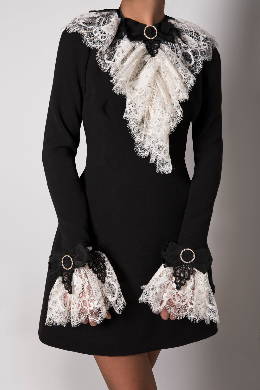Anne Ruffled Cotton Lace Jabot In Ivory and Black