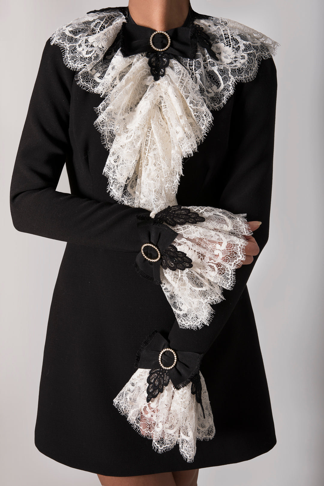 Anne Ruffled Cotton Lace Jabot In Ivory and Black