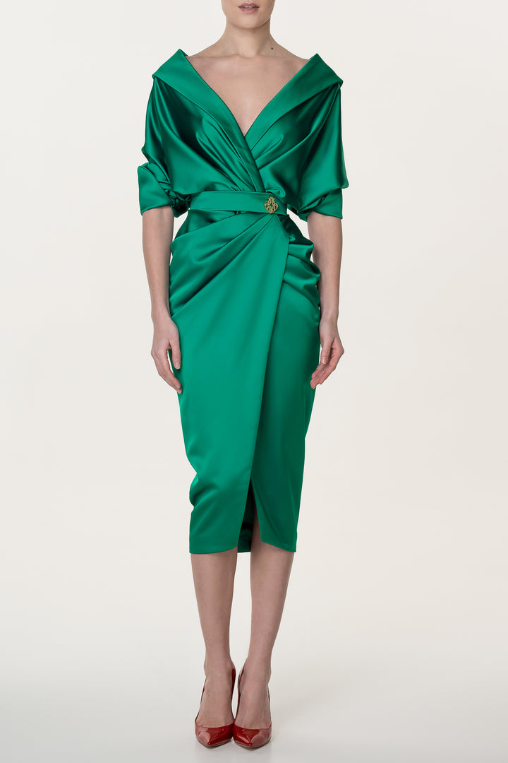Angelina Satin Midi Dress in Emerald