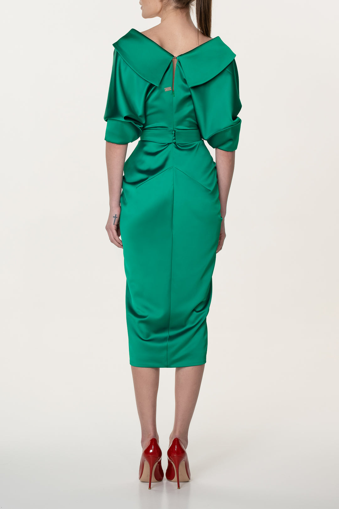 Angelina Satin Midi Dress in Emerald