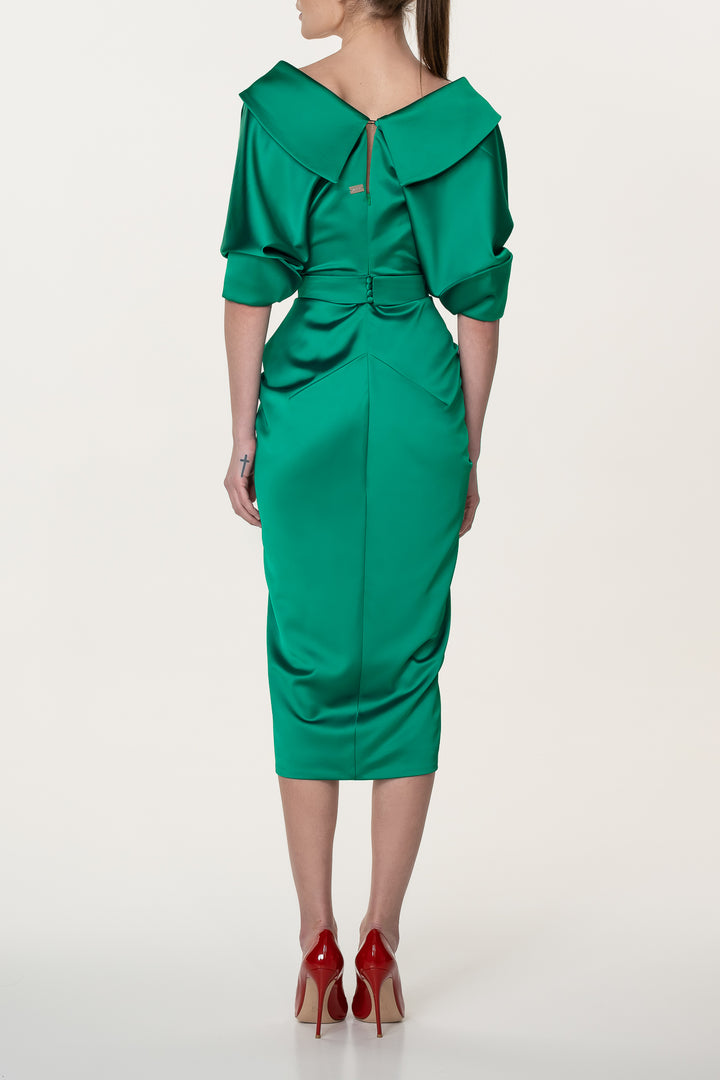 Angelina Satin Midi Dress in Emerald